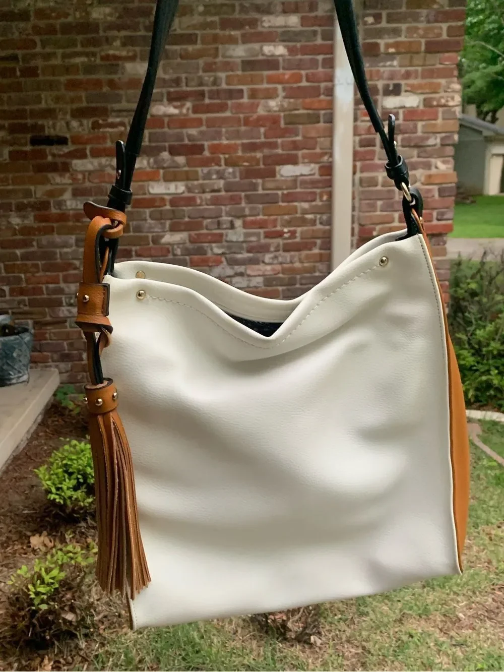 Sondra Roberts White and Tan Tote Bag with Tassel